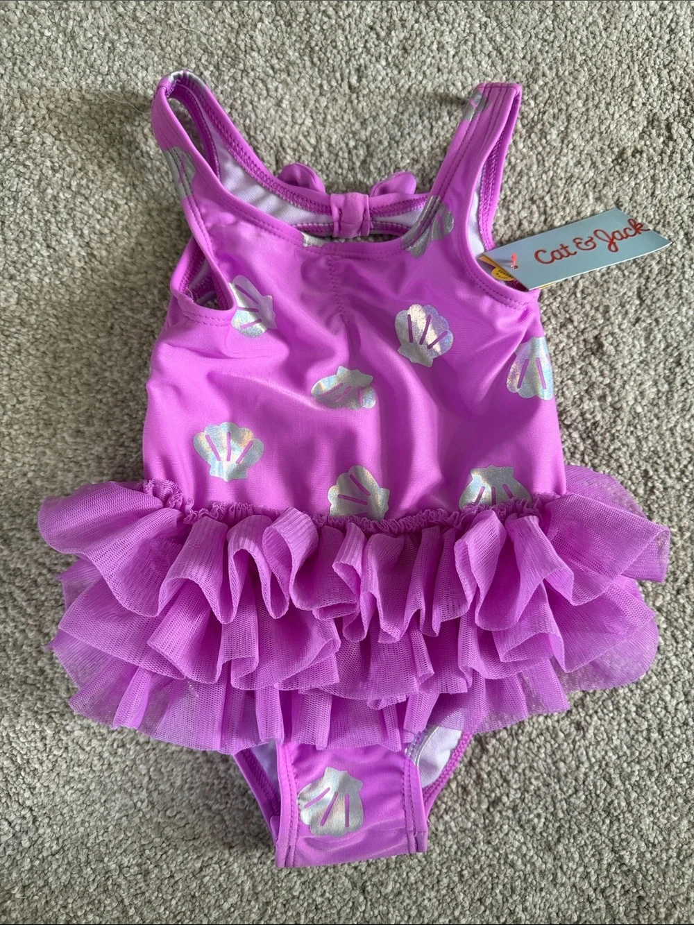 NWT Infant Girls Purple Ruffle Tutu Swimsuit with Silver Shells size 12 month